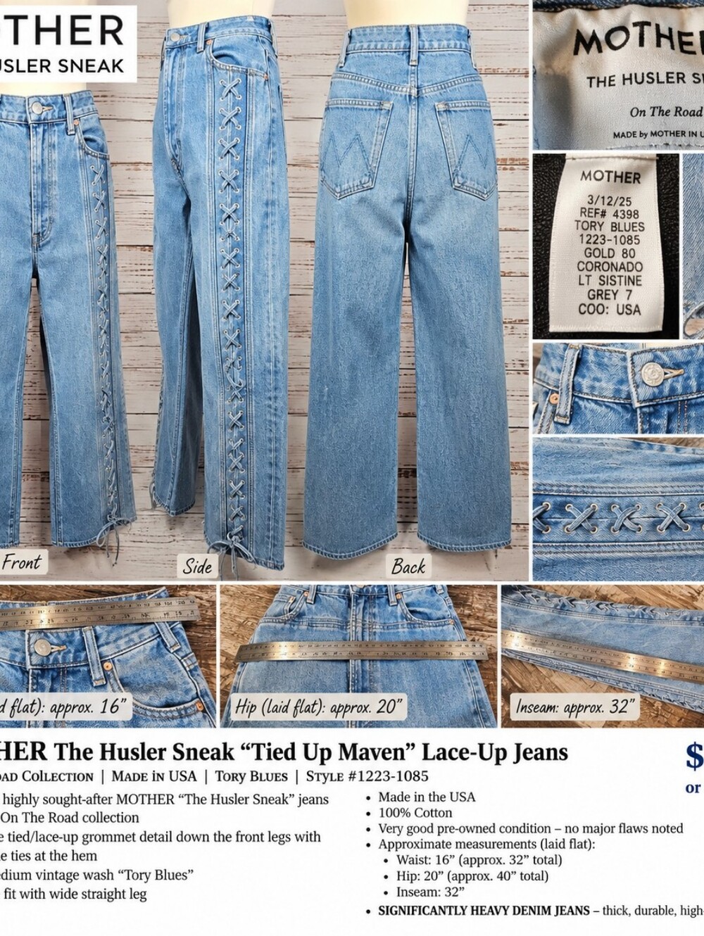 MOTHER Tied Up Maven Lace-Up High Rise Wide Leg Jeans Tory Blues